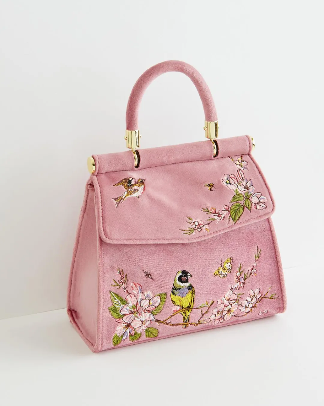 Hot Fable England Morning Song Bird Embroidered Mini Pink Tote