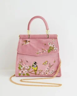 Hot Fable England Morning Song Bird Embroidered Mini Pink Tote