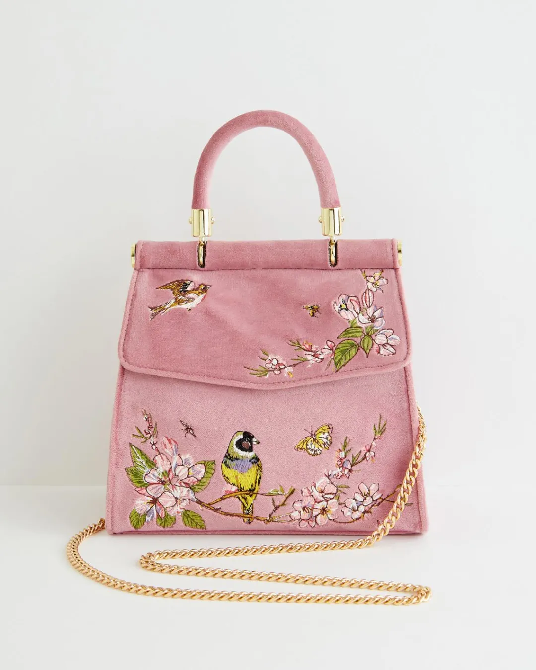 Hot Fable England Morning Song Bird Embroidered Mini Pink Tote