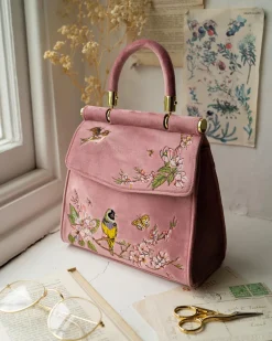 Hot Fable England Morning Song Bird Embroidered Mini Pink Tote