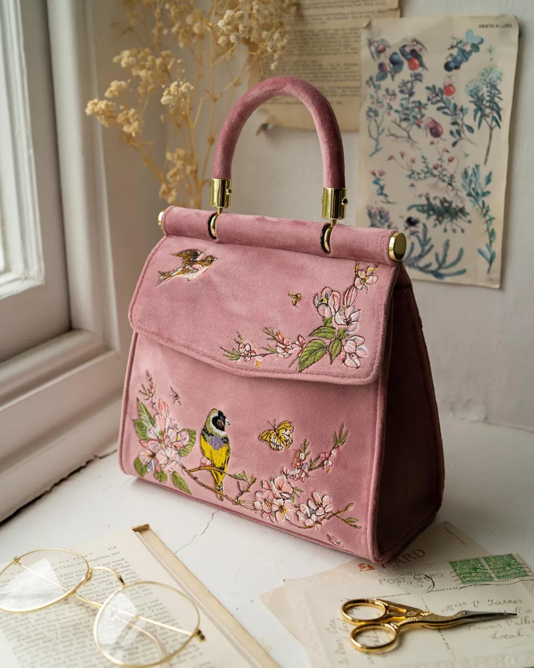Hot Fable England Morning Song Bird Embroidered Mini Pink Tote