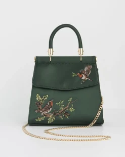 New Fable England Robin & Mistletoe Green Embroidered Satin Tote