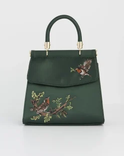 New Fable England Robin & Mistletoe Green Embroidered Satin Tote