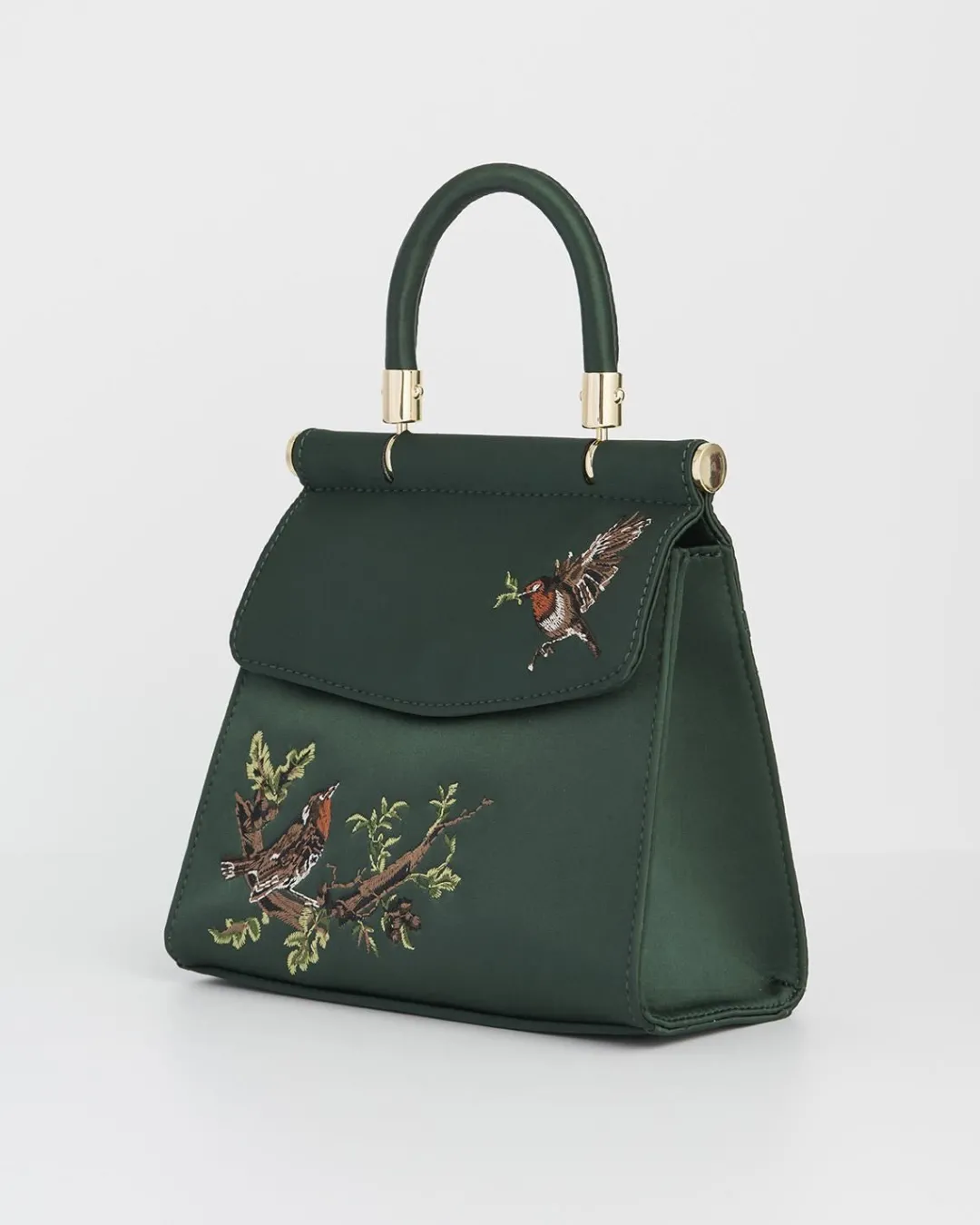New Fable England Robin & Mistletoe Green Embroidered Satin Tote