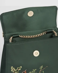 New Fable England Robin & Mistletoe Green Embroidered Satin Tote