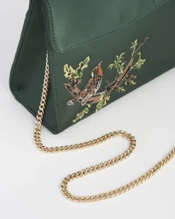 New Fable England Robin & Mistletoe Green Embroidered Satin Tote