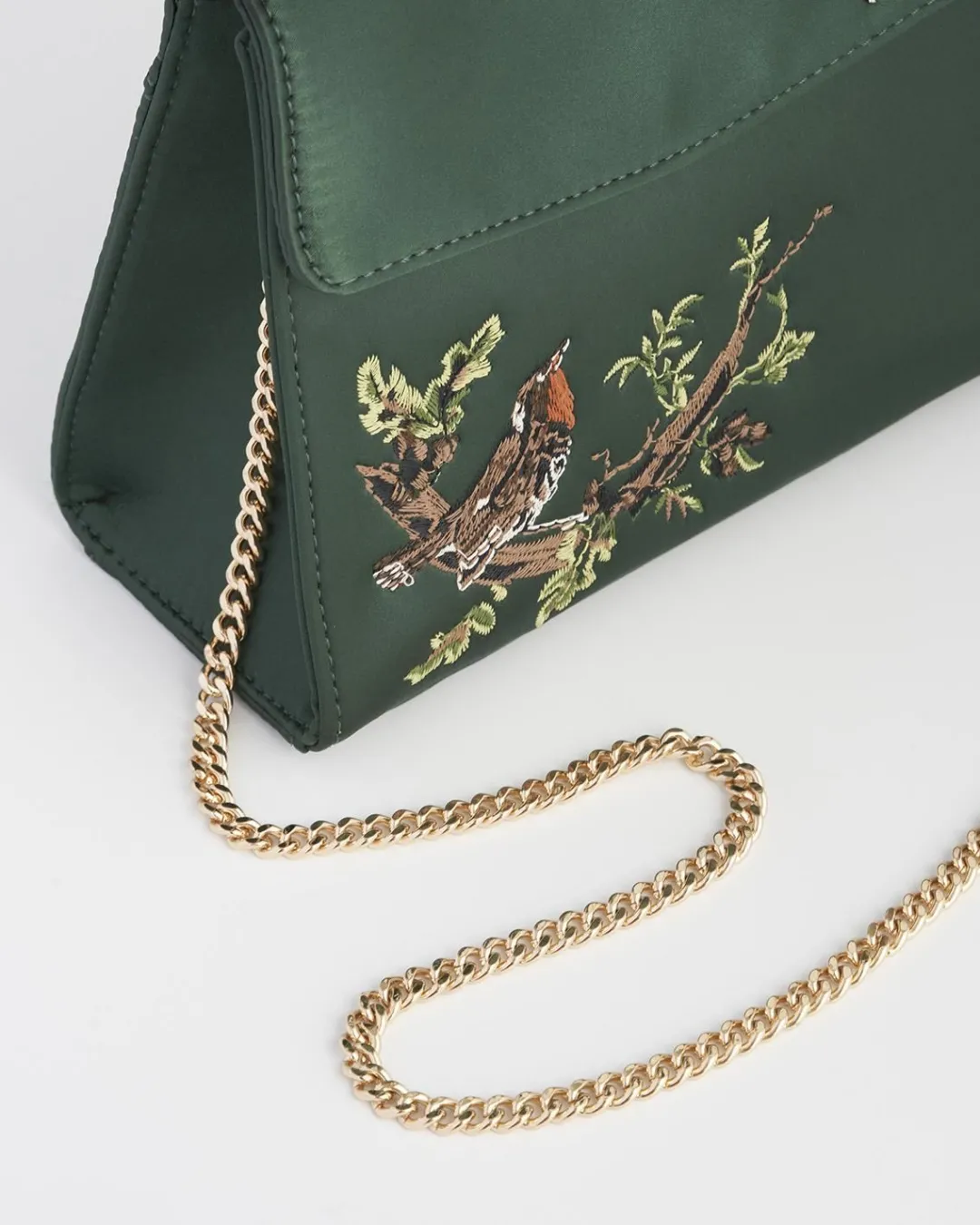 New Fable England Robin & Mistletoe Green Embroidered Satin Tote