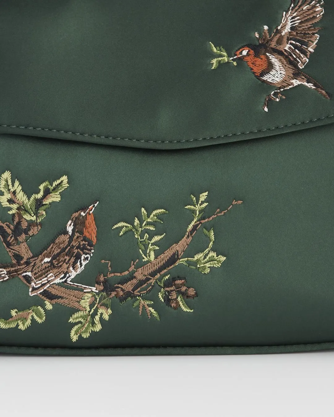 New Fable England Robin & Mistletoe Green Embroidered Satin Tote