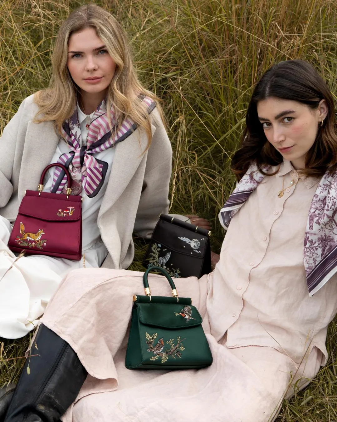 New Fable England Robin & Mistletoe Green Embroidered Satin Tote
