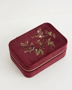 New Fable England Robin Love Embroidered Large Jewellery Box Redcurrant Velvet