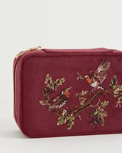 New Fable England Robin Love Embroidered Large Jewellery Box Redcurrant Velvet