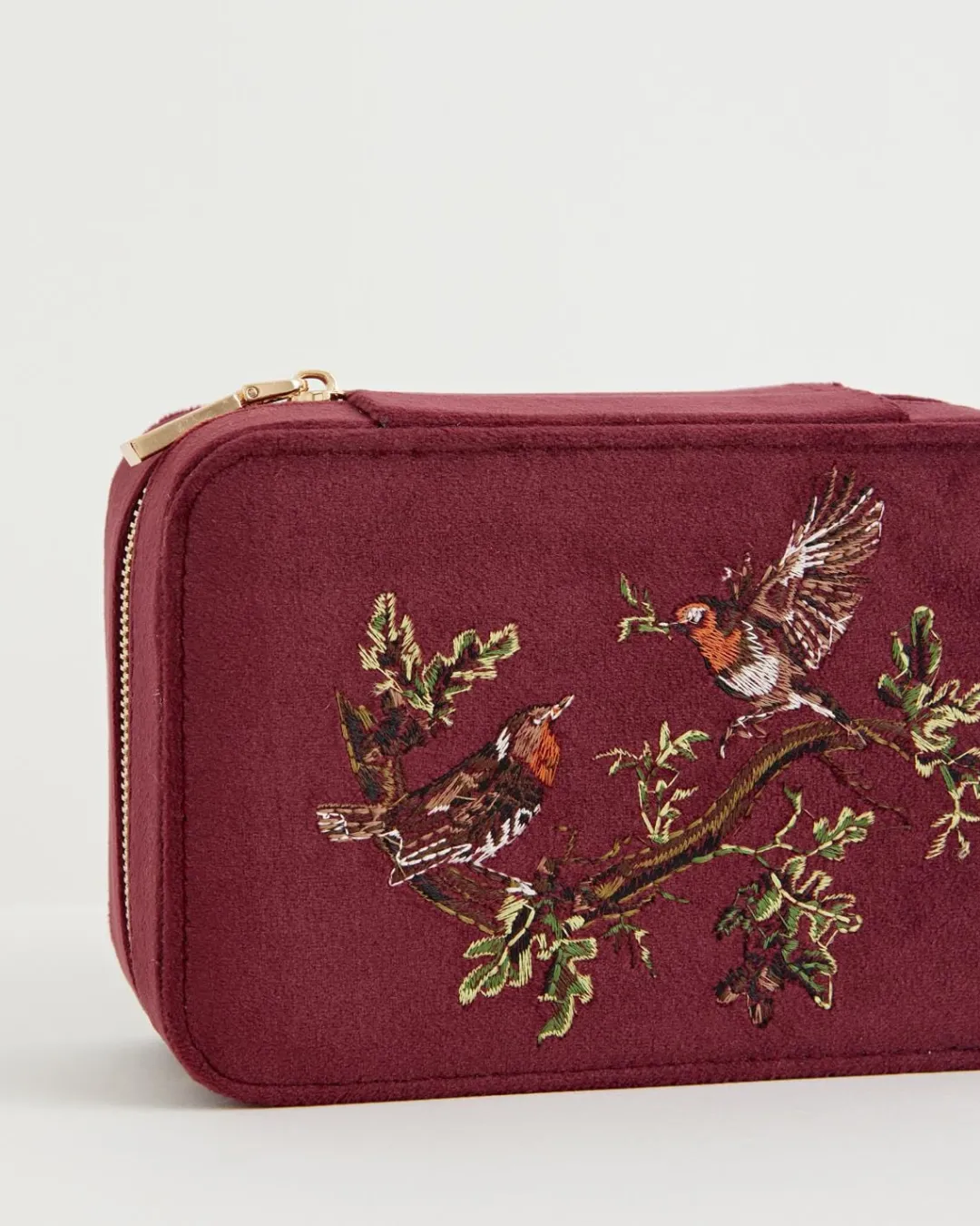 New Fable England Robin Love Embroidered Large Jewellery Box Redcurrant Velvet
