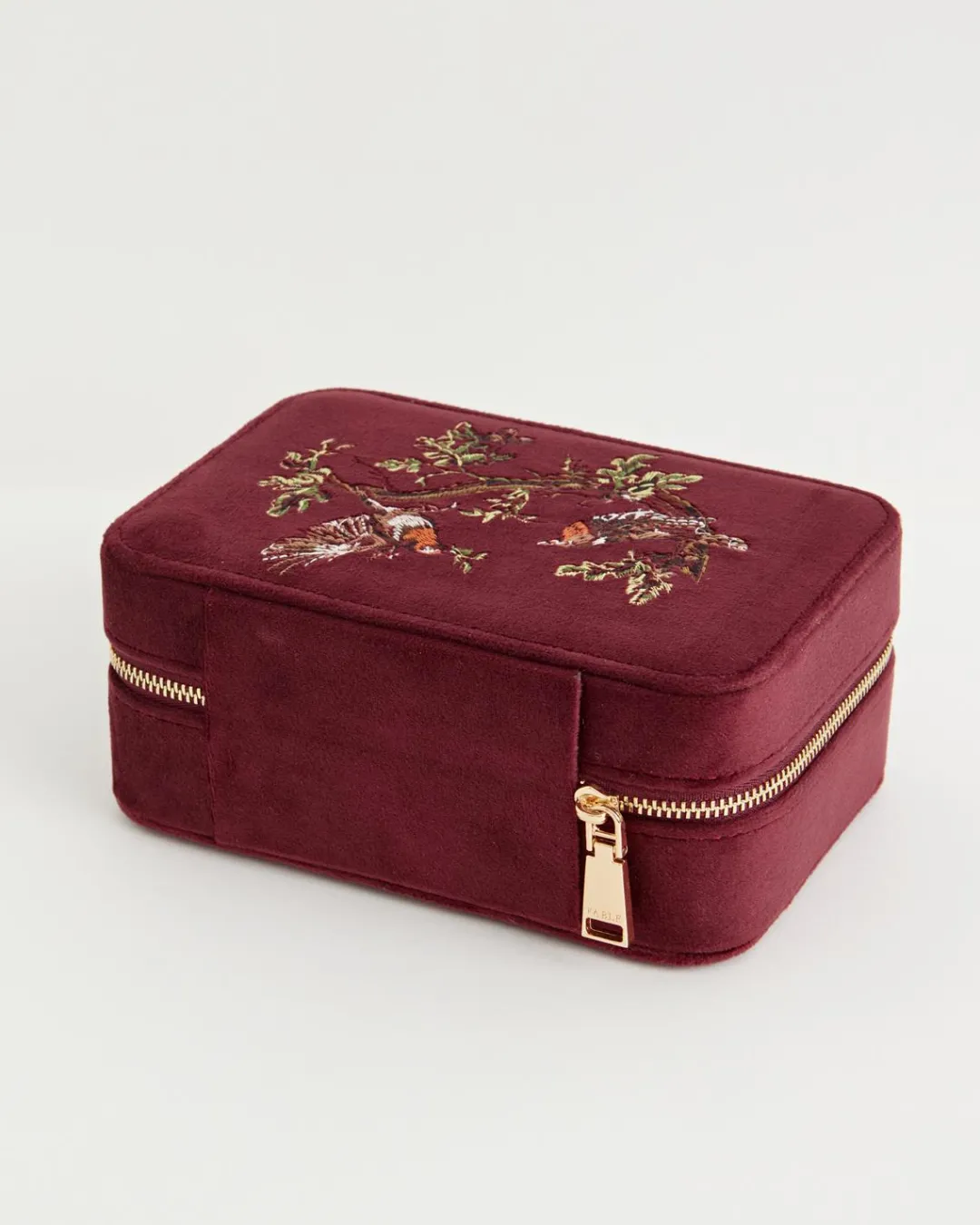 New Fable England Robin Love Embroidered Large Jewellery Box Redcurrant Velvet