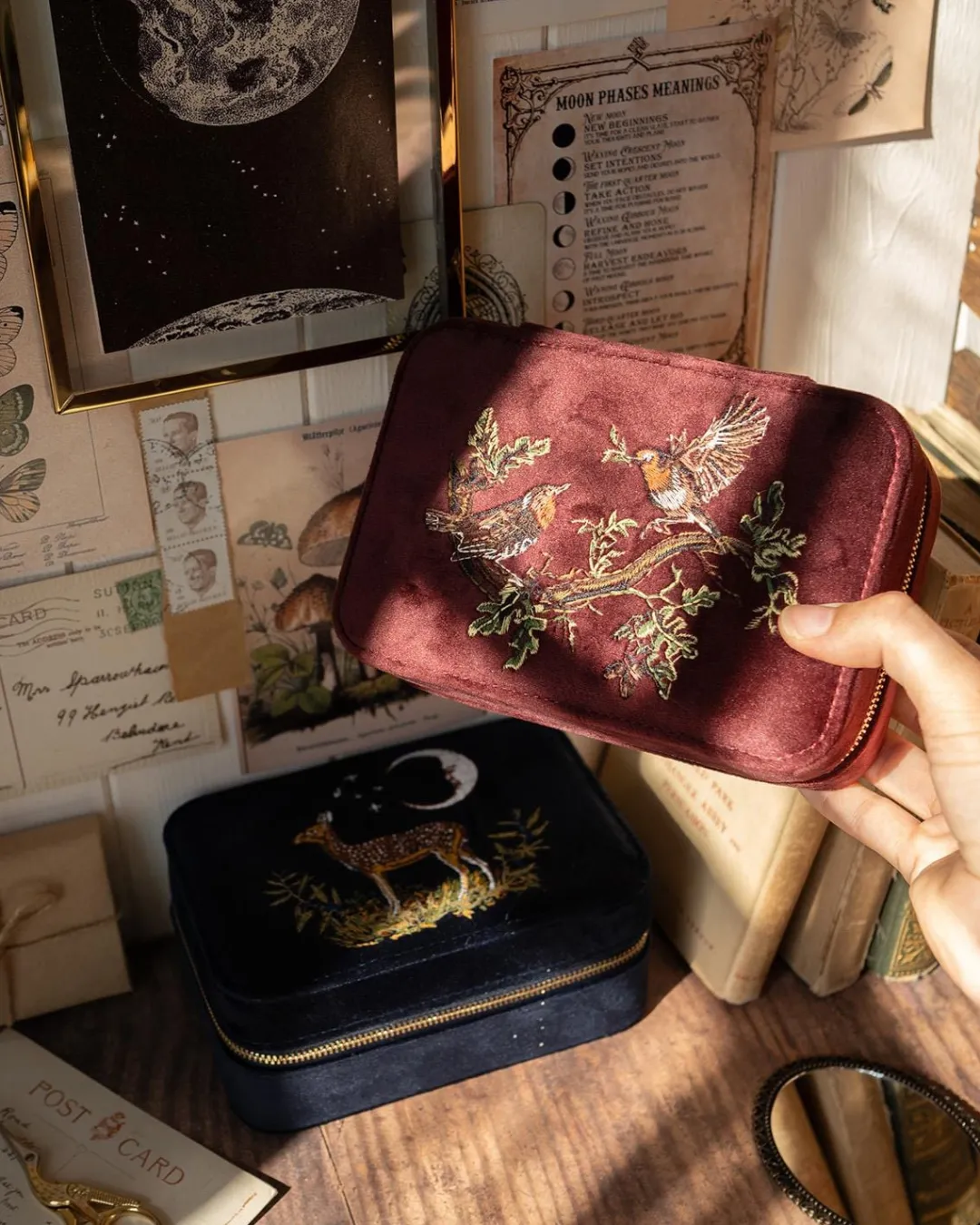 New Fable England Robin Love Embroidered Large Jewellery Box Redcurrant Velvet