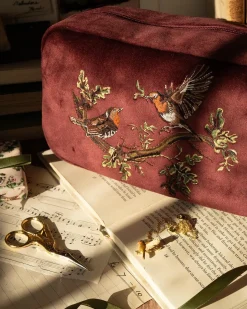 Best Fable England Robin Love Embroidered Pouch Redcurrant Velvet