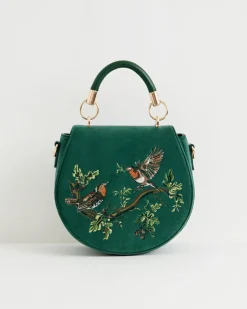 New Fable England Robin Love Velvet Embroidered Saddle Bag - Fern Green