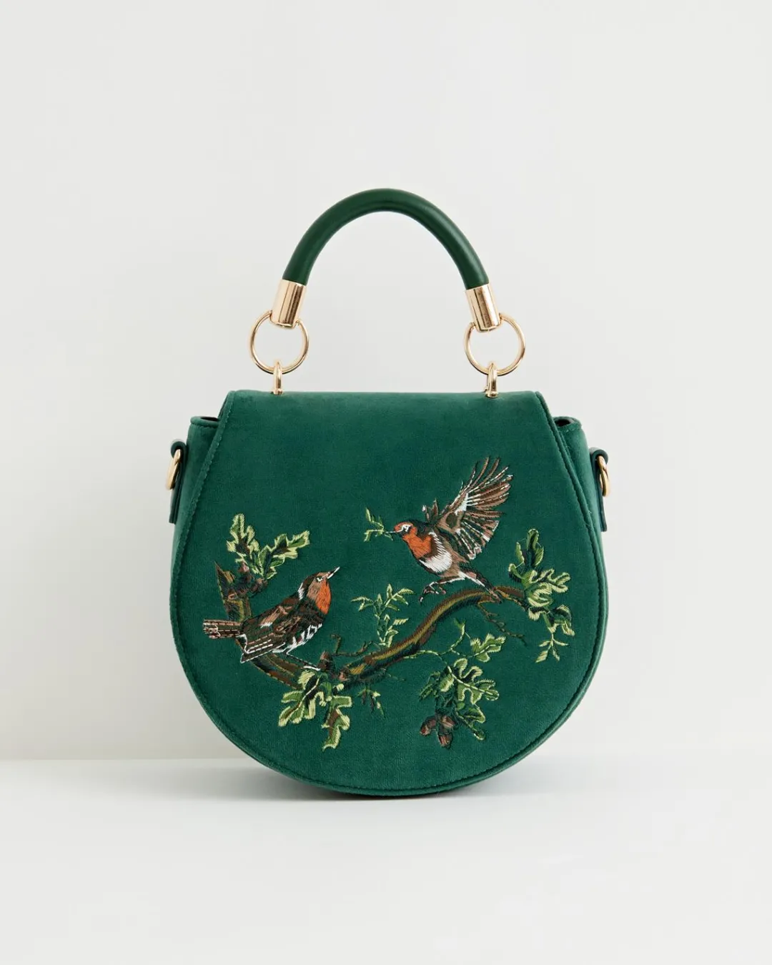 New Fable England Robin Love Velvet Embroidered Saddle Bag - Fern Green