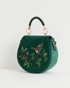 New Fable England Robin Love Velvet Embroidered Saddle Bag - Fern Green