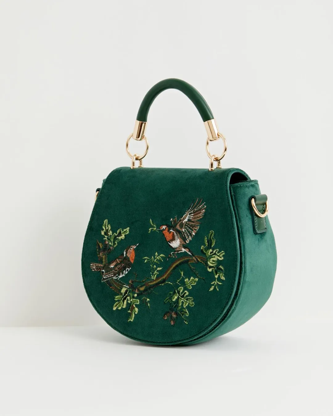 New Fable England Robin Love Velvet Embroidered Saddle Bag - Fern Green