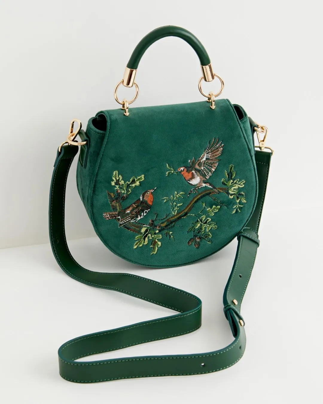 New Fable England Robin Love Velvet Embroidered Saddle Bag - Fern Green