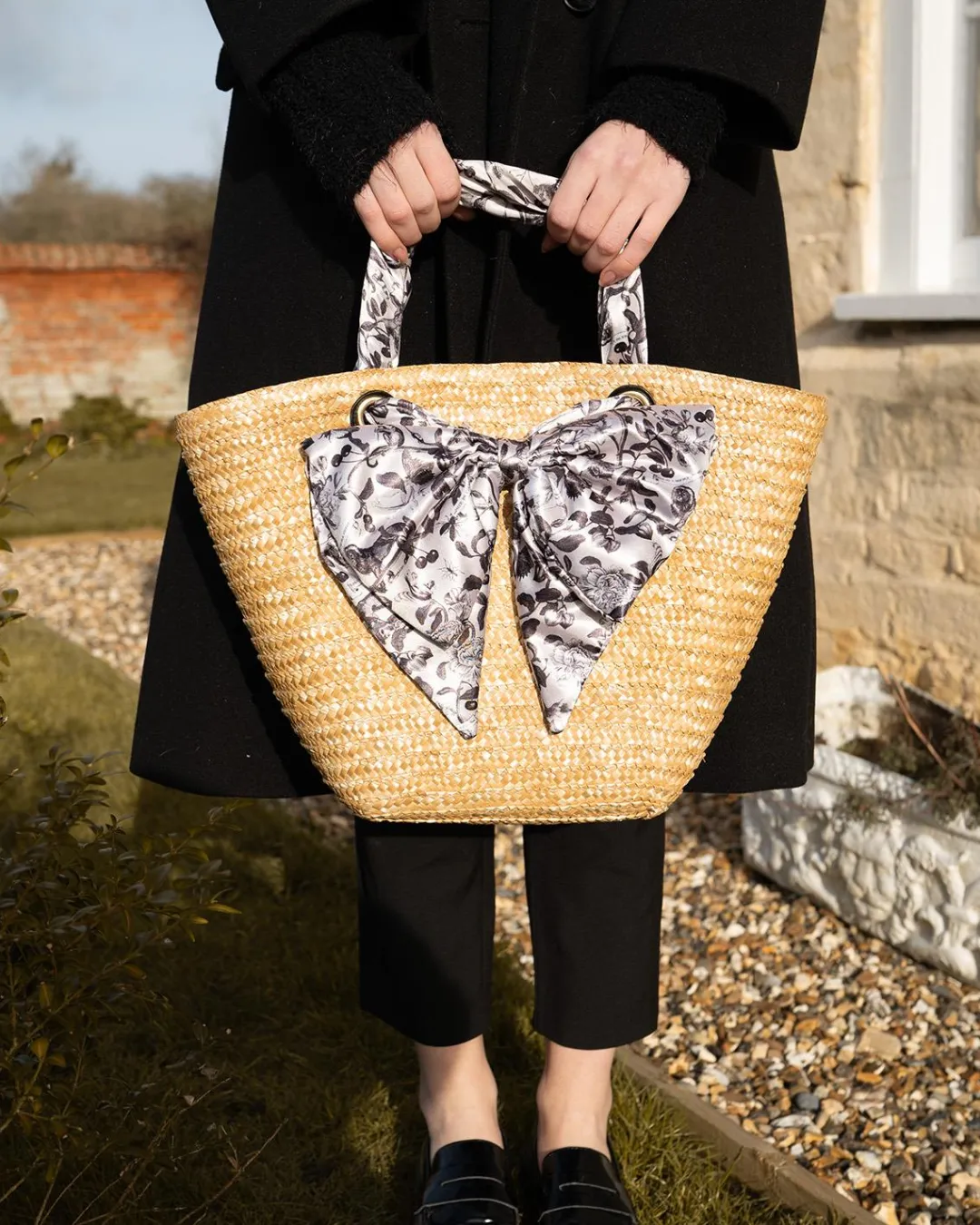 Hot Fable England Tree Of Life Monochrome Raffia Basket Bag