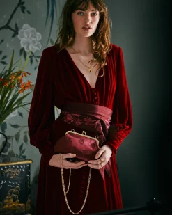 Outlet Fable England Victoriana Burgundy Embroidered Satin Clutch