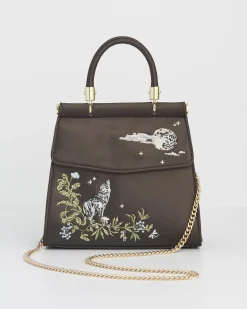 Hot Fable England Wolf & Moon Charcoal Embroidered Satin Tote