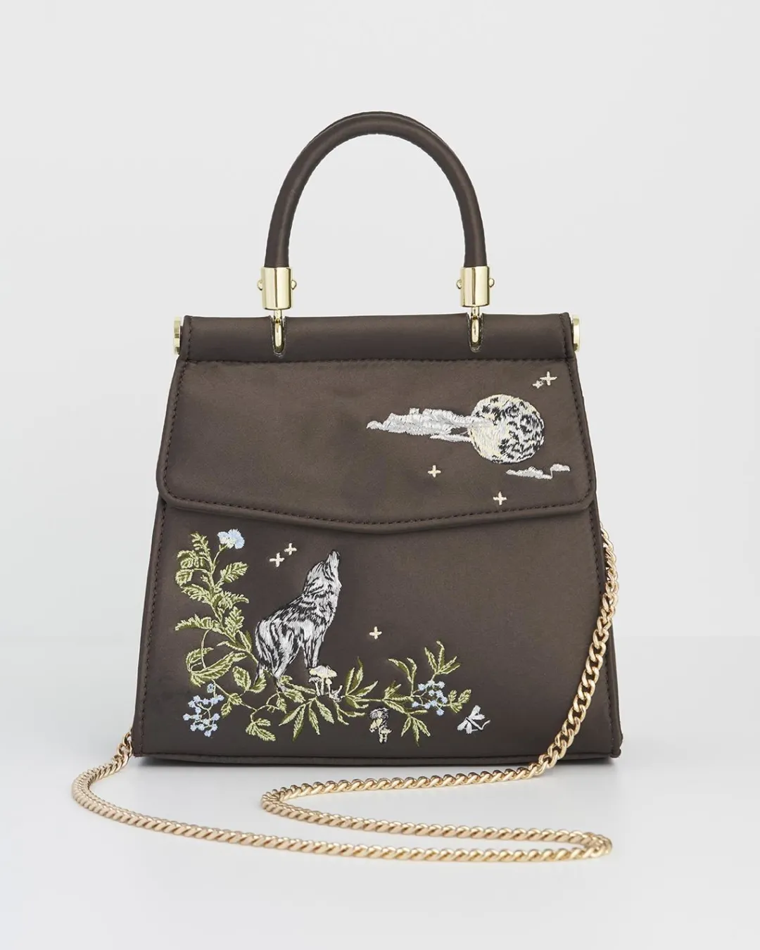 Hot Fable England Wolf & Moon Charcoal Embroidered Satin Tote