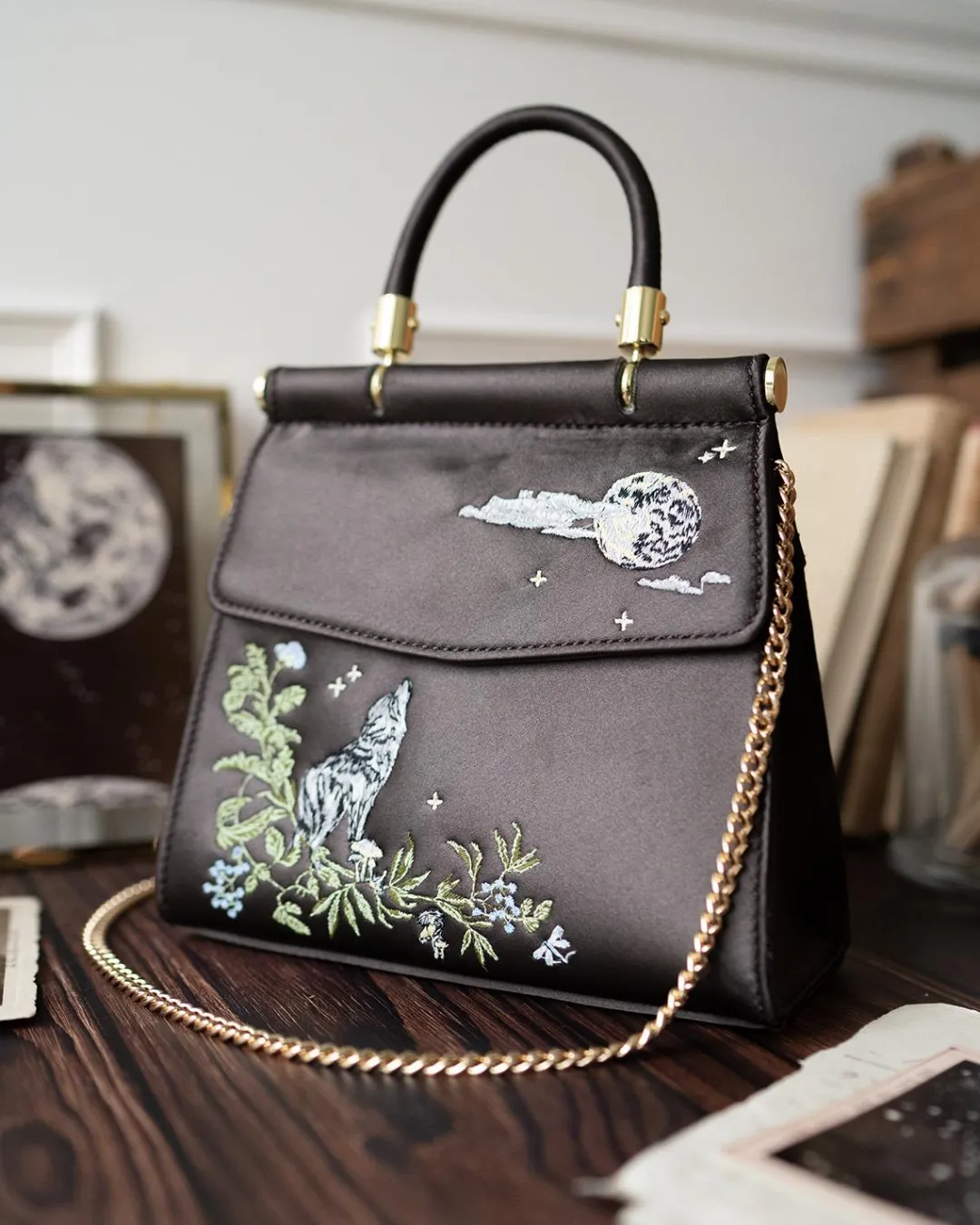 Hot Fable England Wolf & Moon Charcoal Embroidered Satin Tote