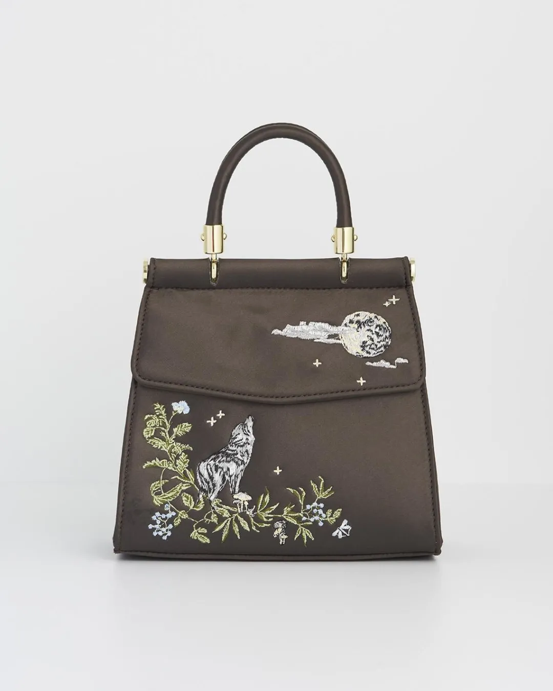 Hot Fable England Wolf & Moon Charcoal Embroidered Satin Tote