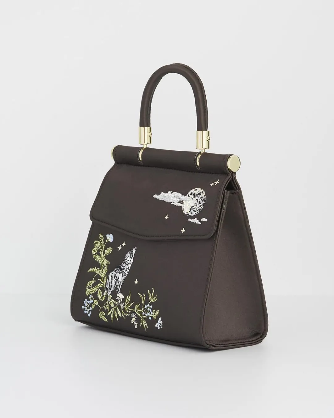 Hot Fable England Wolf & Moon Charcoal Embroidered Satin Tote