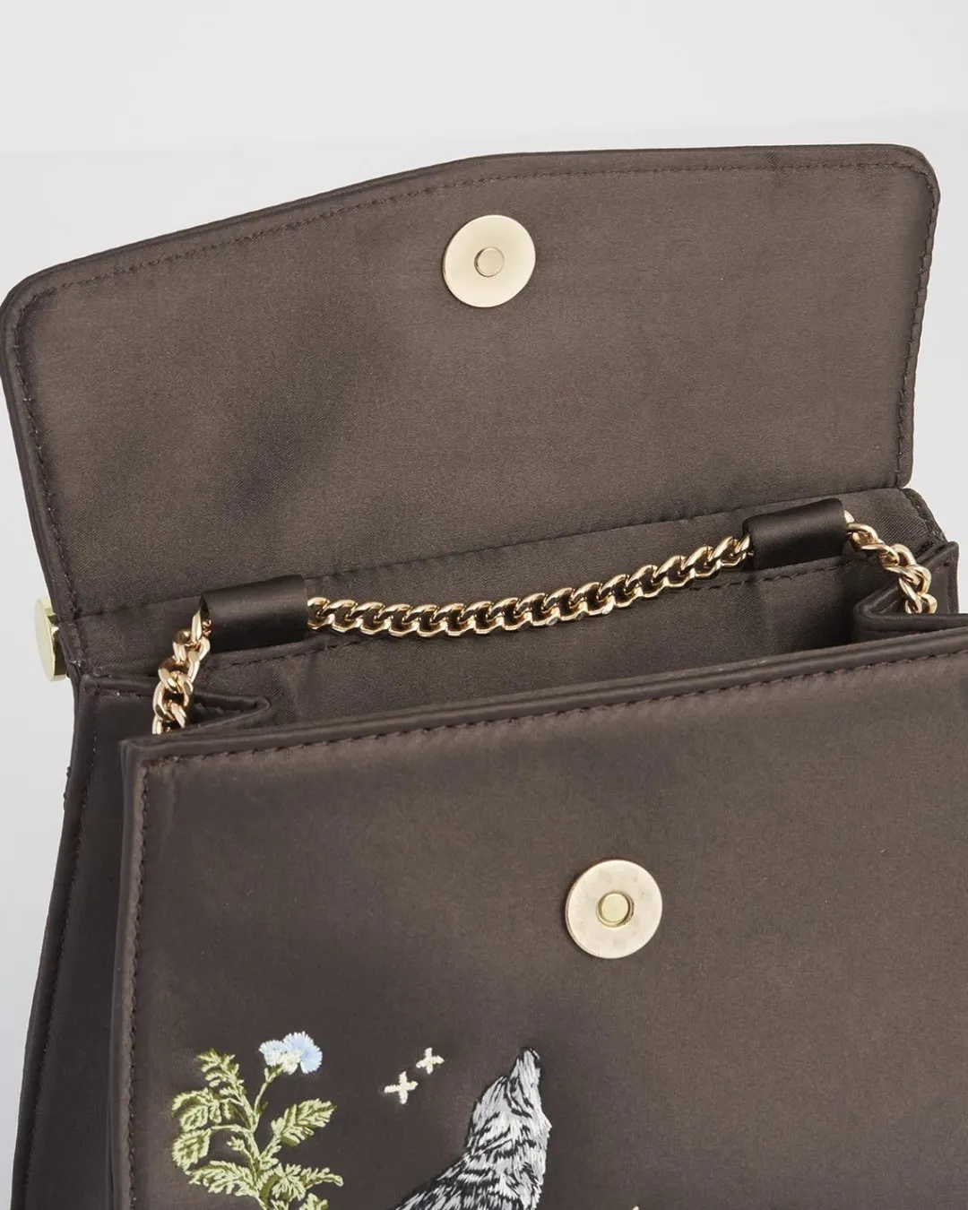 Hot Fable England Wolf & Moon Charcoal Embroidered Satin Tote
