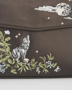 Hot Fable England Wolf & Moon Charcoal Embroidered Satin Tote