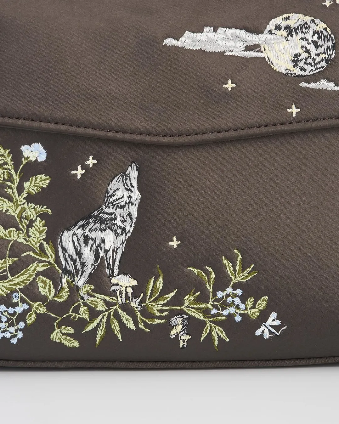Hot Fable England Wolf & Moon Charcoal Embroidered Satin Tote