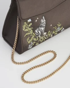 Hot Fable England Wolf & Moon Charcoal Embroidered Satin Tote