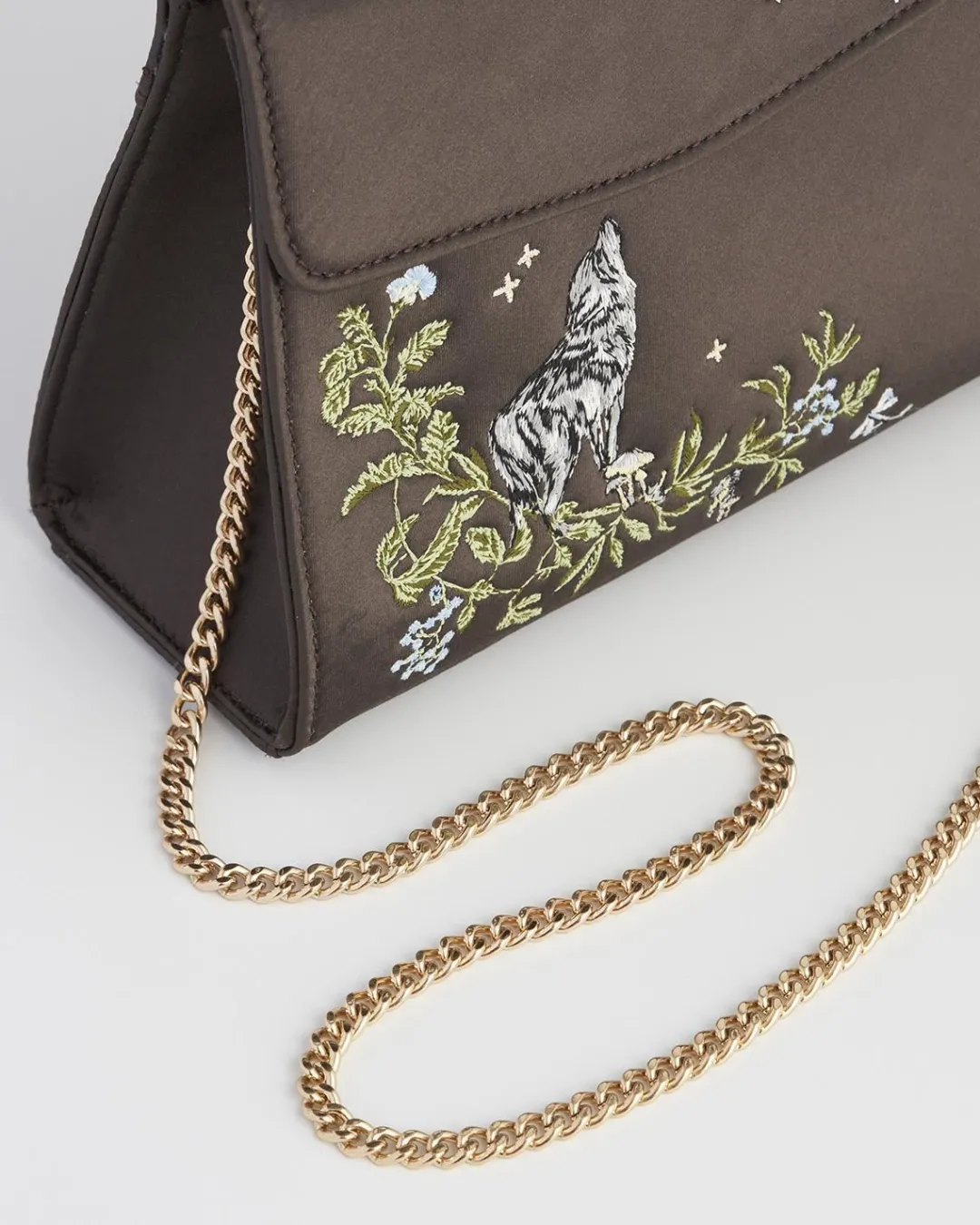 Hot Fable England Wolf & Moon Charcoal Embroidered Satin Tote