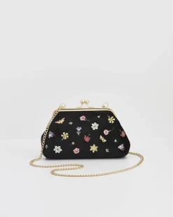 New Fable England Wolf Garden Ditsy Embroidered Black Velvet Clutch
