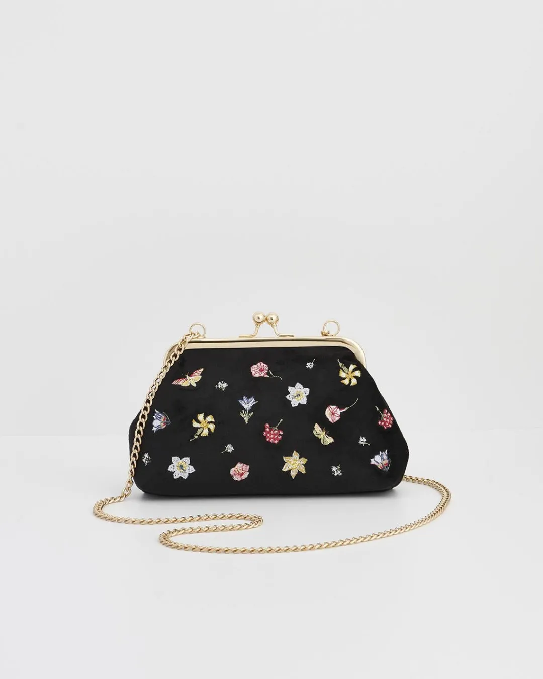 New Fable England Wolf Garden Ditsy Embroidered Black Velvet Clutch