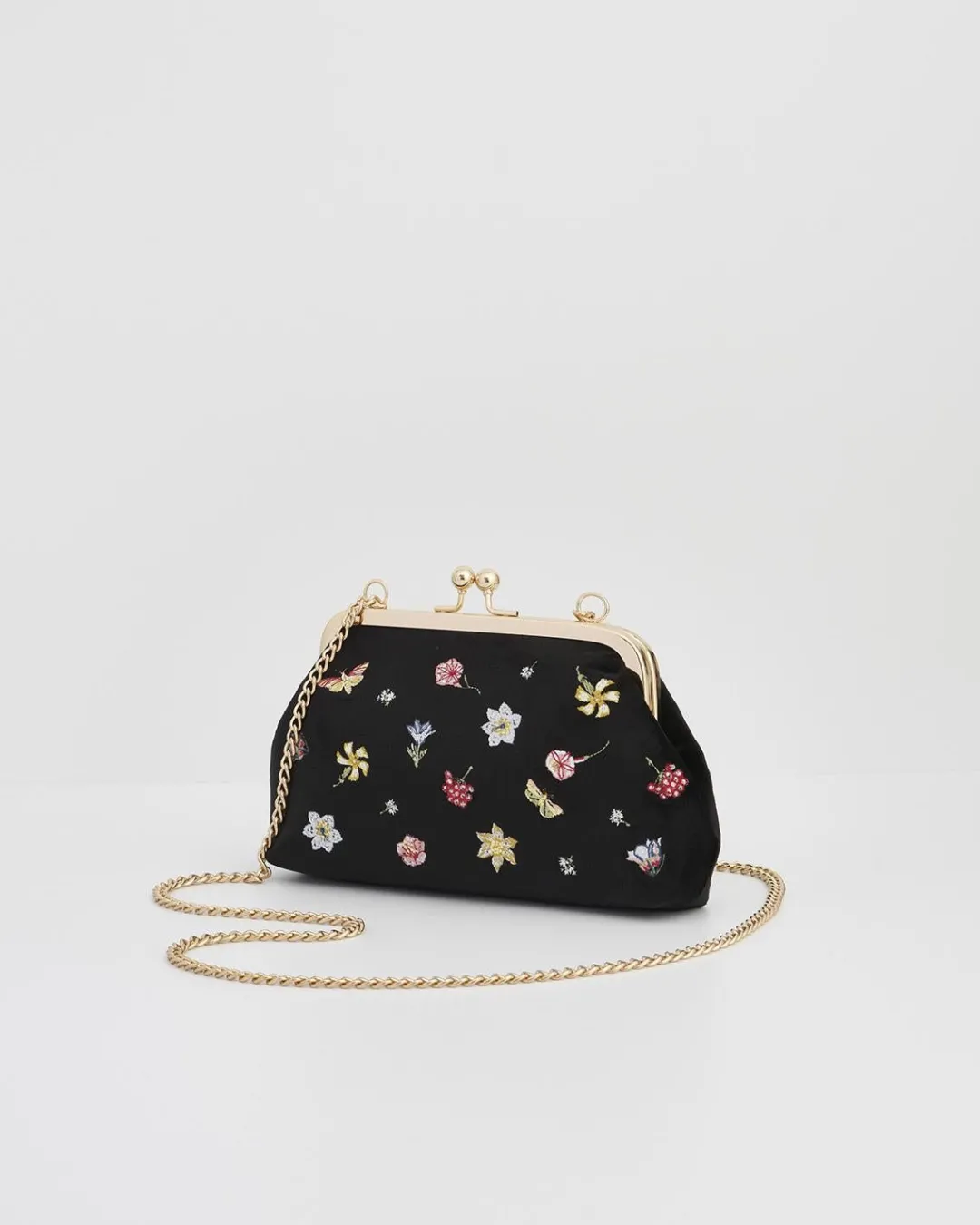 New Fable England Wolf Garden Ditsy Embroidered Black Velvet Clutch