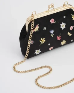 New Fable England Wolf Garden Ditsy Embroidered Black Velvet Clutch