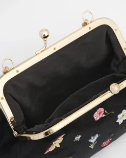 New Fable England Wolf Garden Ditsy Embroidered Black Velvet Clutch