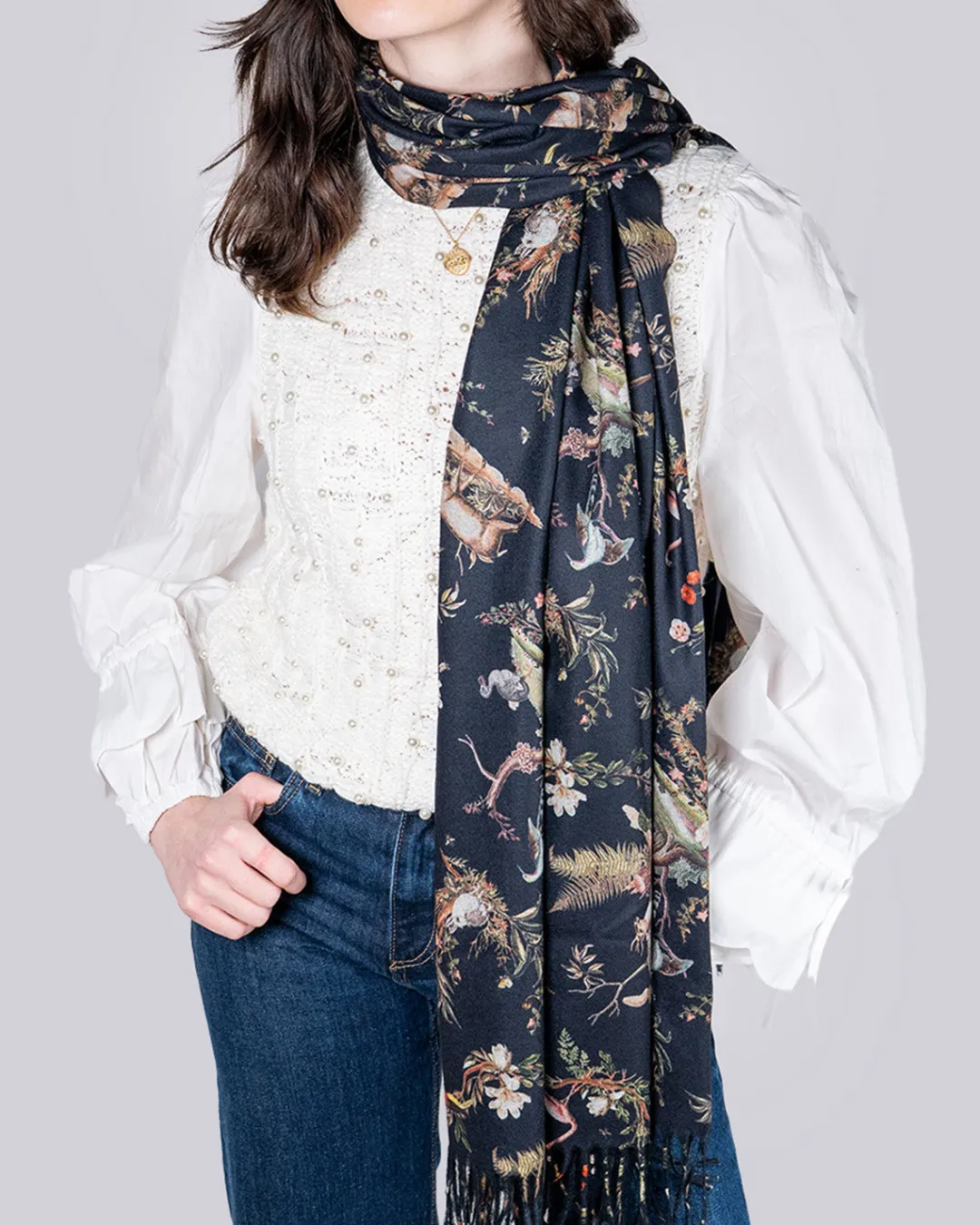 Sale Fable England Wonderland Toile Fringe Scarf